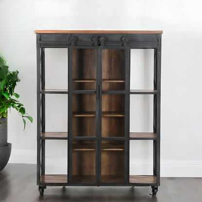 73" Brown Metal and Solid Wood Six Tier Bookcase with Two doors