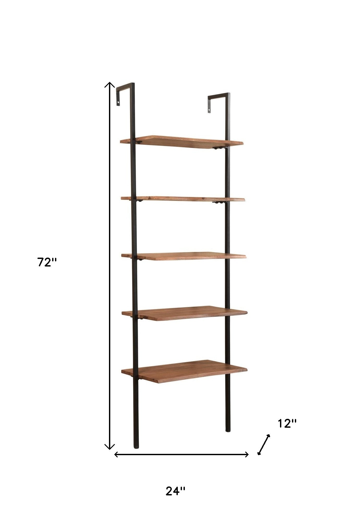 72" Brown Metal and Solid Wood Five Tier Ladder Bookcase