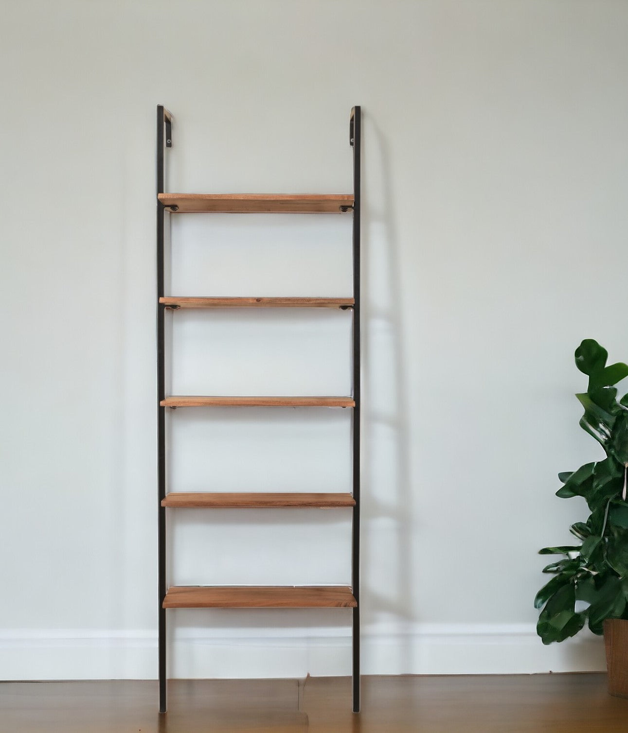 72" Brown Metal and Solid Wood Five Tier Ladder Bookcase