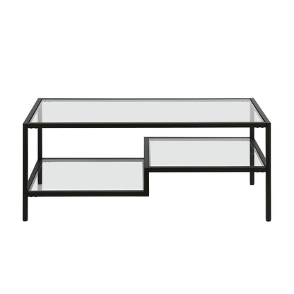 45" Black Glass And Steel Coffee Table With Two Shelves