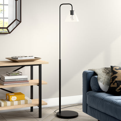 62" Black Arc Floor Lamp With Clear Glass Cone Shade