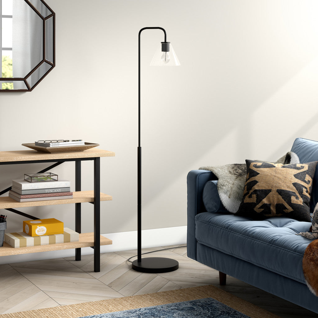 62" Black Arc Floor Lamp With Clear Glass Cone Shade