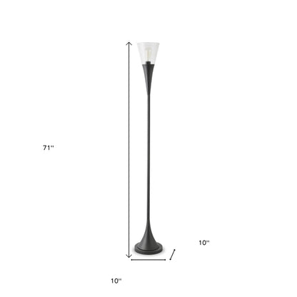 71" Black Torchiere Floor Lamp With Clear Seeded Glass Cone Shade