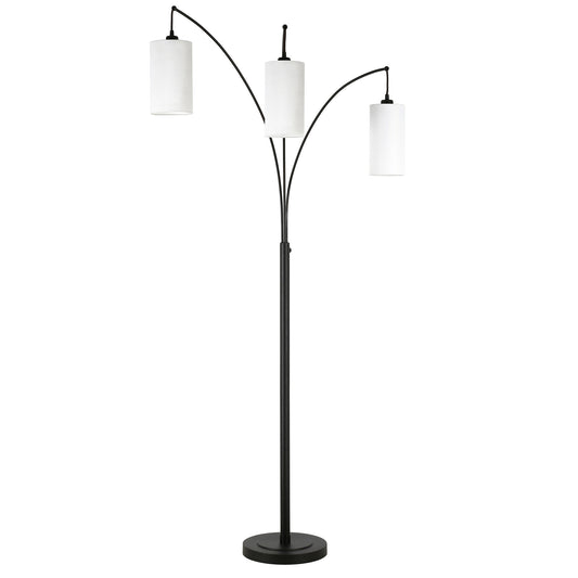 83" Black Three Light Torchiere Floor Lamp With White Frosted Glass Drum Shade