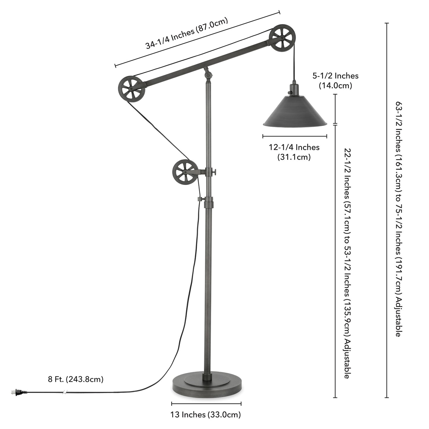 70" Steel Reading Floor Lamp With Silver Cone Shade