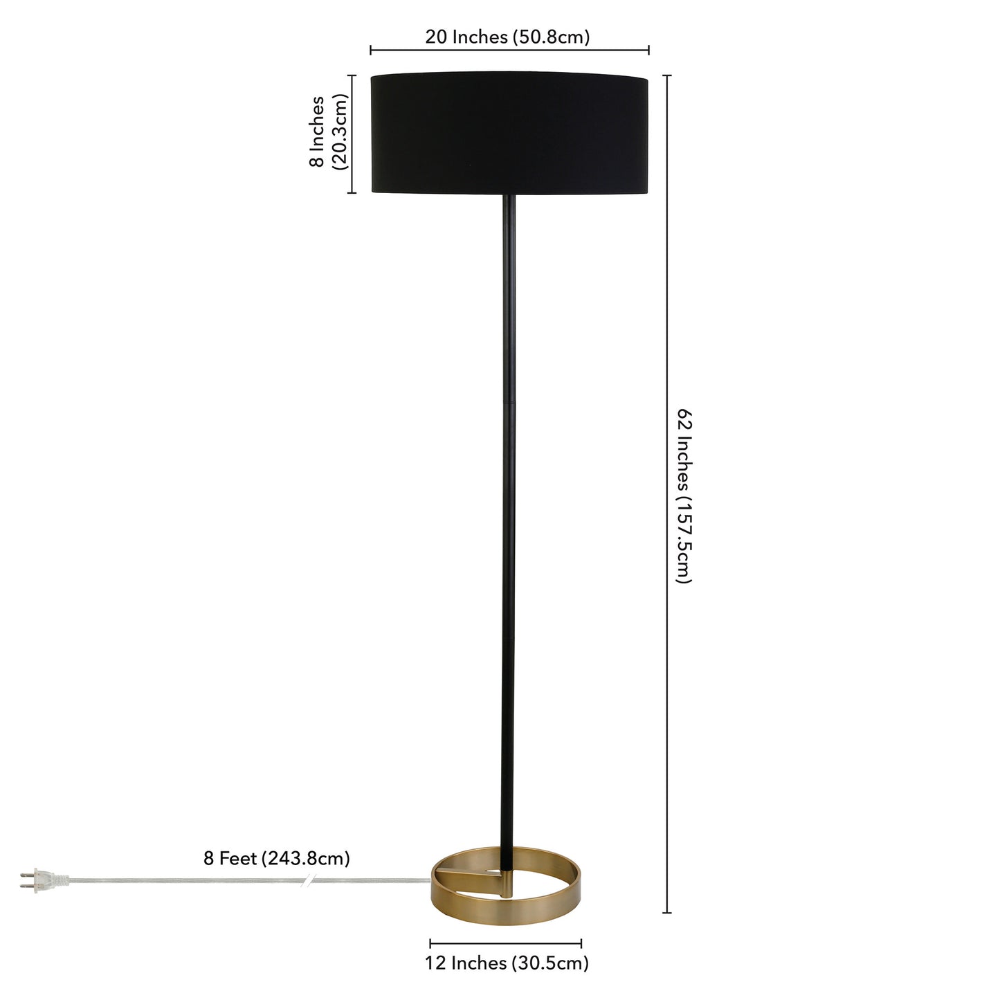 62" Black Traditional Shaped Floor Lamp With Black No Pattern Drum Shade