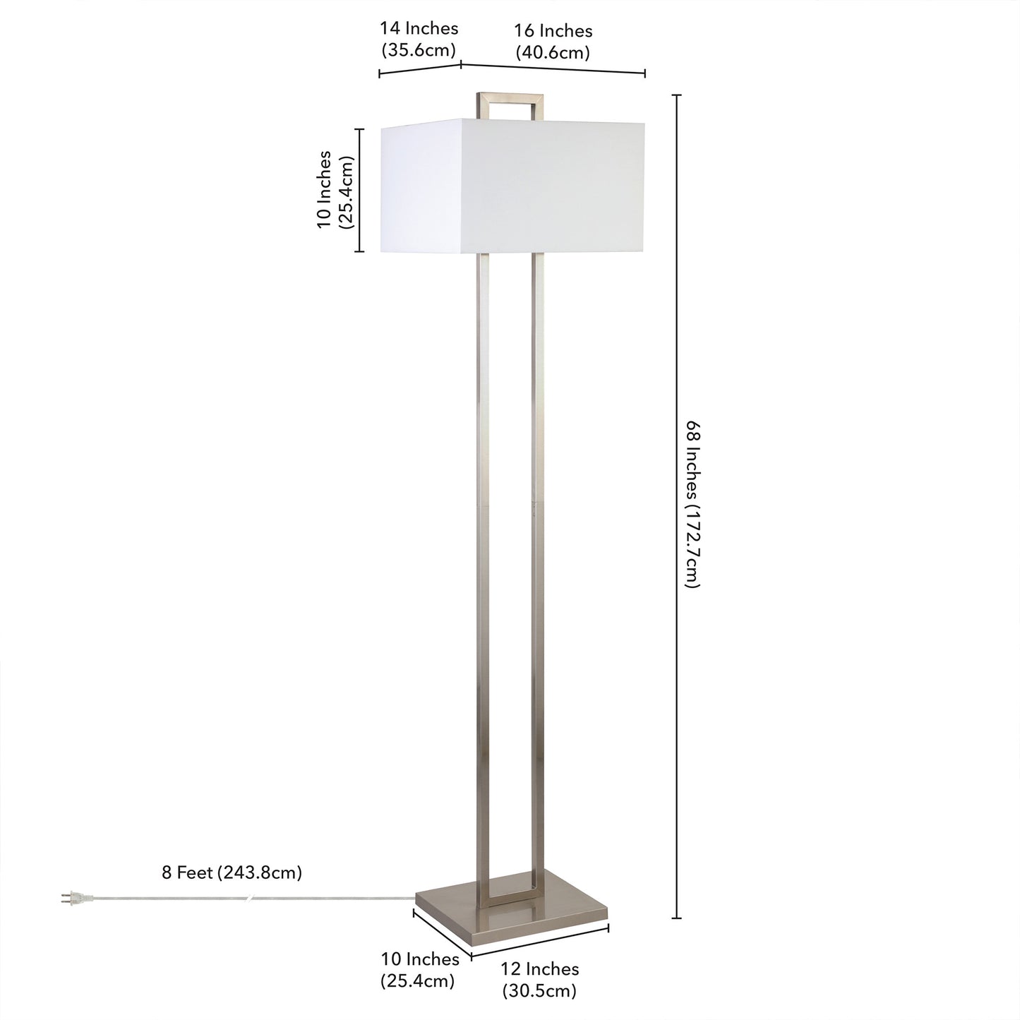 68" Nickel Traditional Shaped Floor Lamp With White Frosted Glass Rectangular Shade