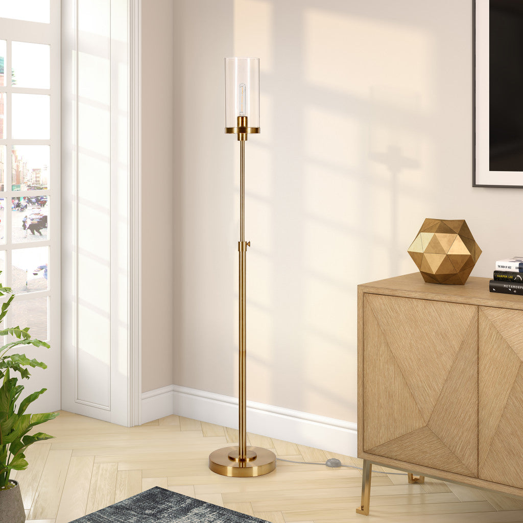 66" Brass Torchiere Floor Lamp With Clear Transparent Glass Drum Shade