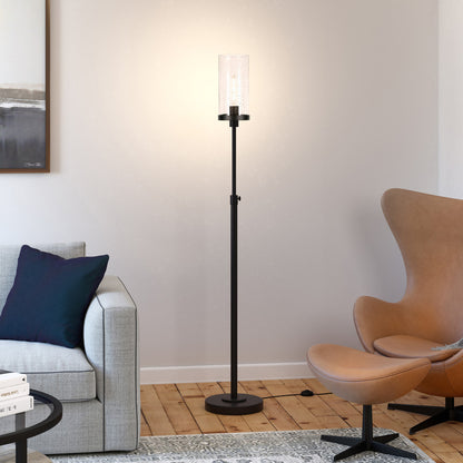 66" Black Adjustable Torchiere Floor Lamp With Clear Glass Cylinder Shade