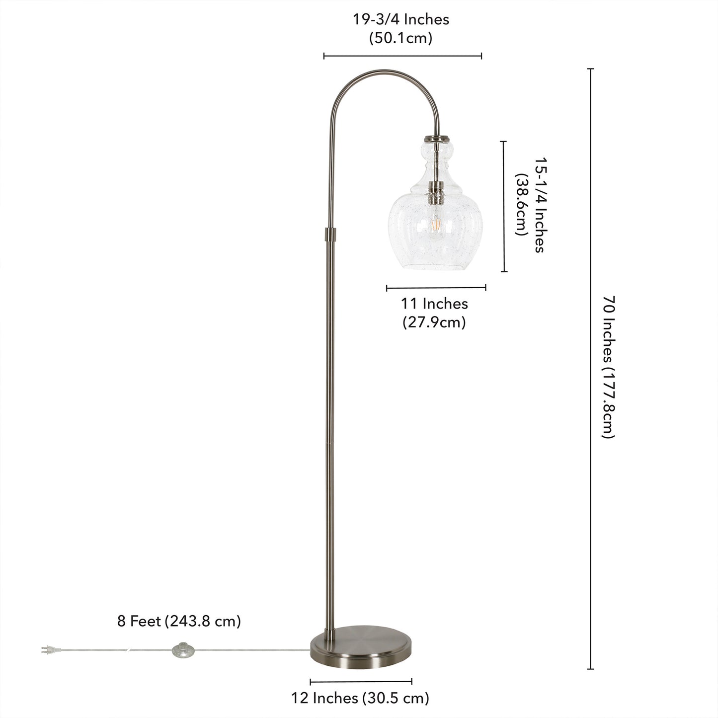 70" Nickel Arched Floor Lamp With Clear Seeded Glass Dome Shade