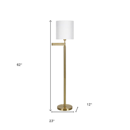 62" Brass Swing Arm Floor Lamp With White Frosted Glass Drum Shade