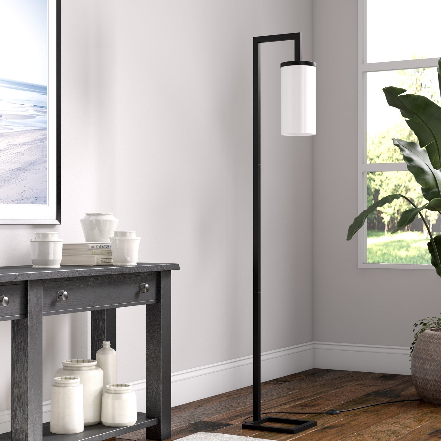 67" Black Reading Floor Lamp With White Frosted Glass Drum Shade