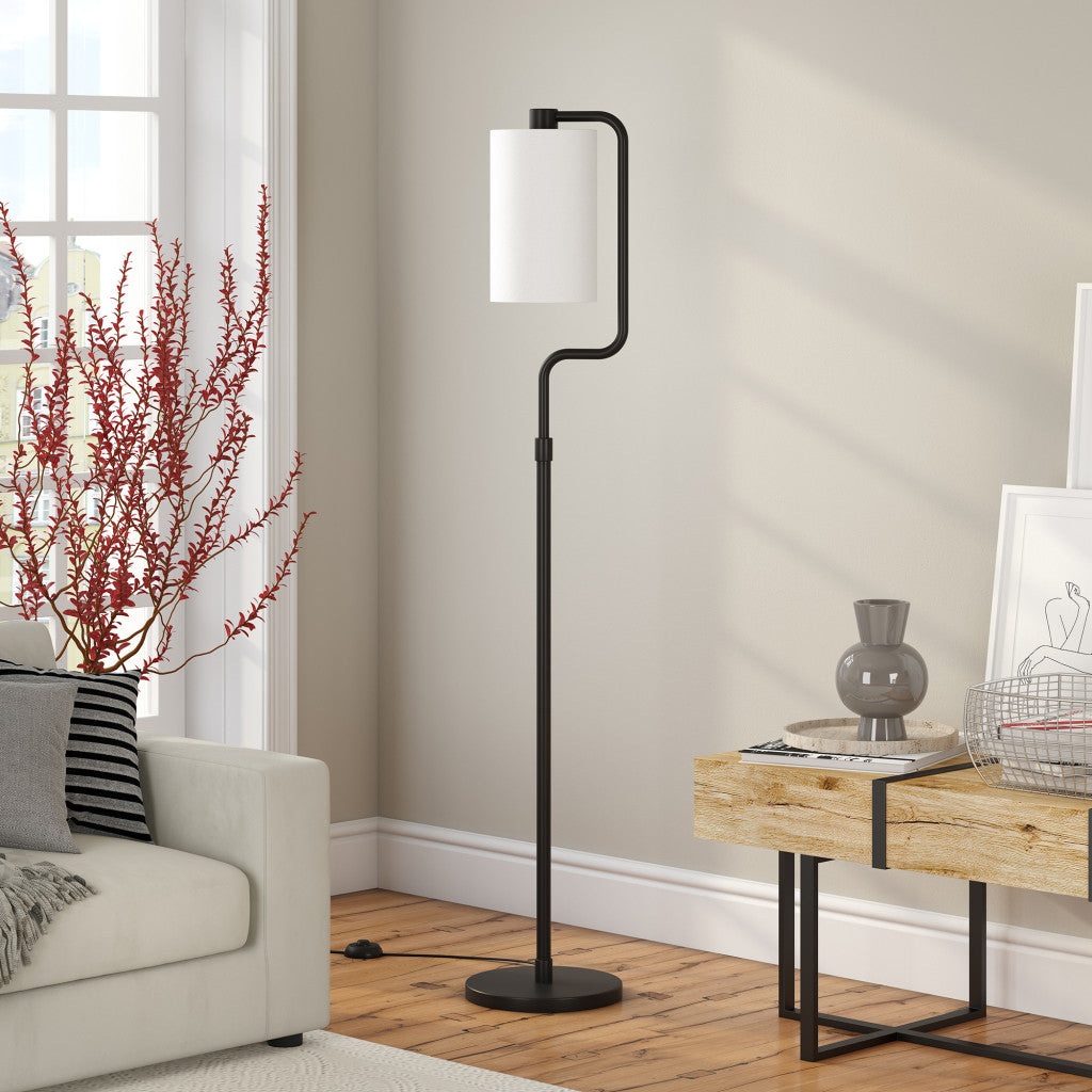 62" Black Reading Floor Lamp With White Frosted Glass Drum Shade