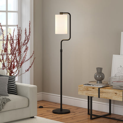 62" Black Reading Floor Lamp With White Frosted Glass Drum Shade