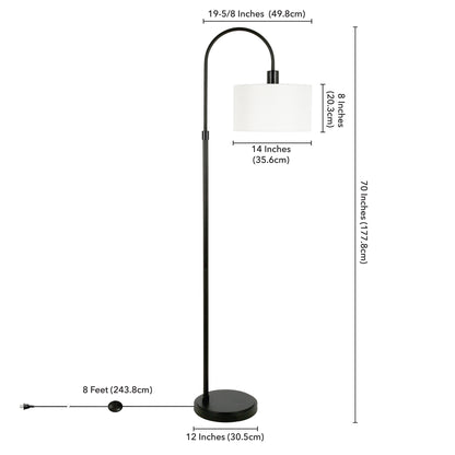 70" Black Arched Floor Lamp With White Frosted Glass Drum Shade