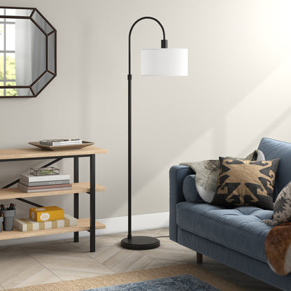 70" Black Arched Floor Lamp With White Frosted Glass Drum Shade