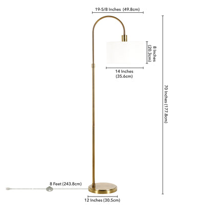 70" Brass Arched Floor Lamp With White Frosted Glass Drum Shade