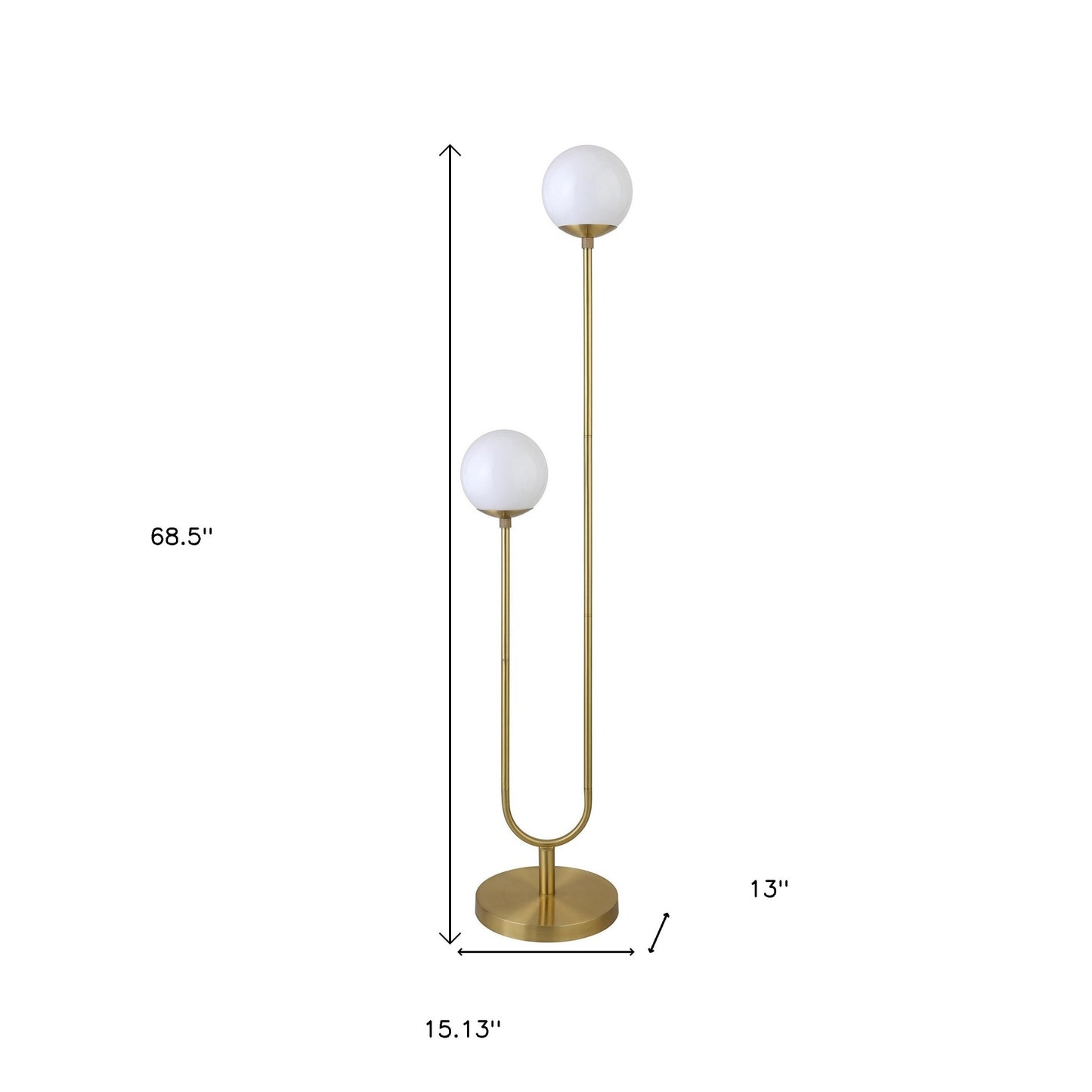 69" Brass Two Light Novelty Floor Lamp With White Frosted Glass Globe Shade