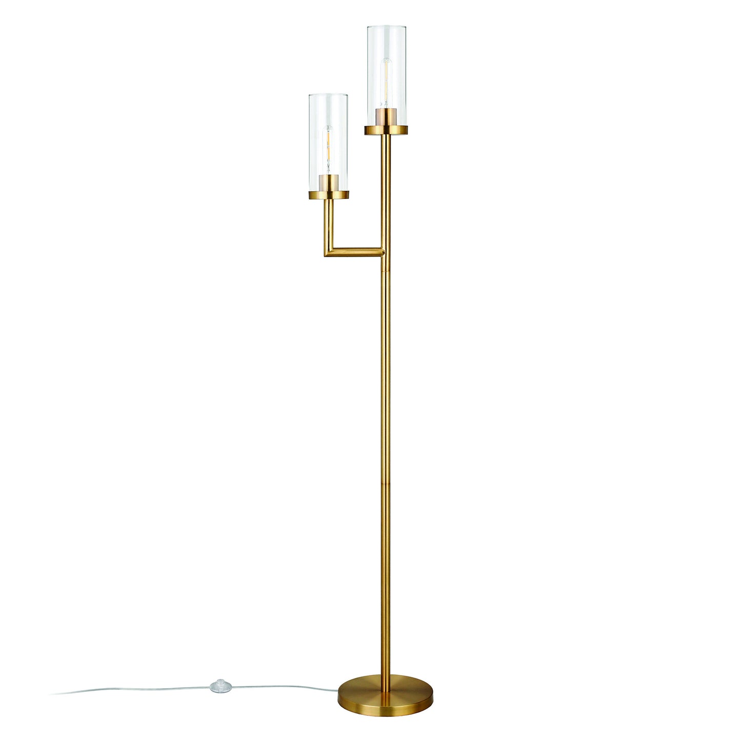 69" Brass Two Light Torchiere Floor Lamp With Clear Transparent Glass Drum Shade