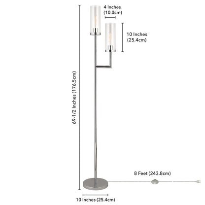 69" Nickel Two Light Torchiere Floor Lamp With Clear Transparent Glass Drum Shade