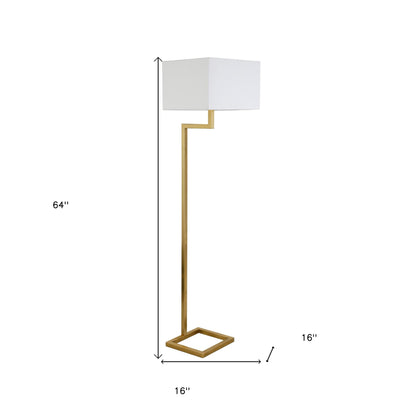 64" Brass Geometric Floor Lamp With White Fabric Rectangular Shade