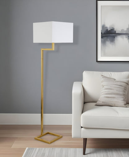 64" Brass Geometric Floor Lamp With White Fabric Rectangular Shade