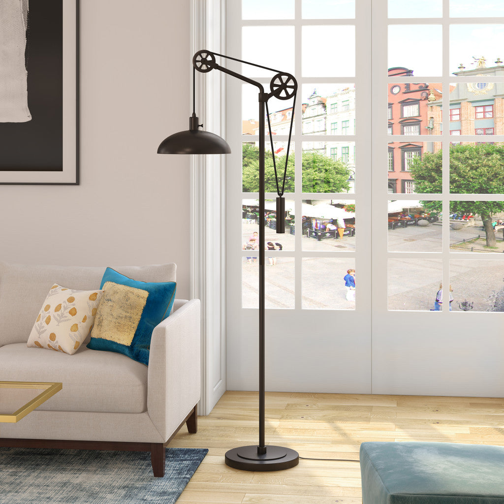 72" Black Adjustable Reading Floor Lamp With Black Metal Dome Shade