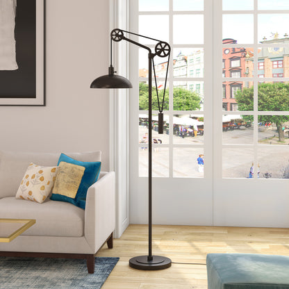 72" Black Adjustable Reading Floor Lamp With Black Metal Dome Shade