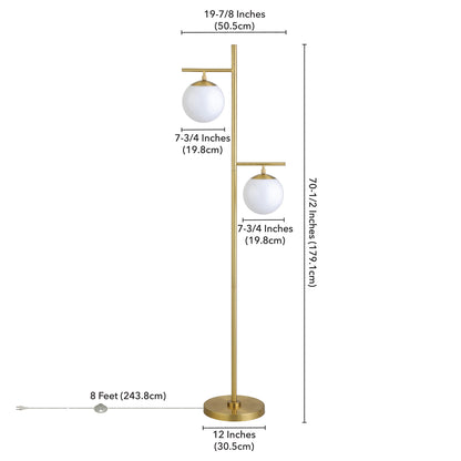 71" Brass Two Light Tree Floor Lamp With White Frosted Glass Globe Shade