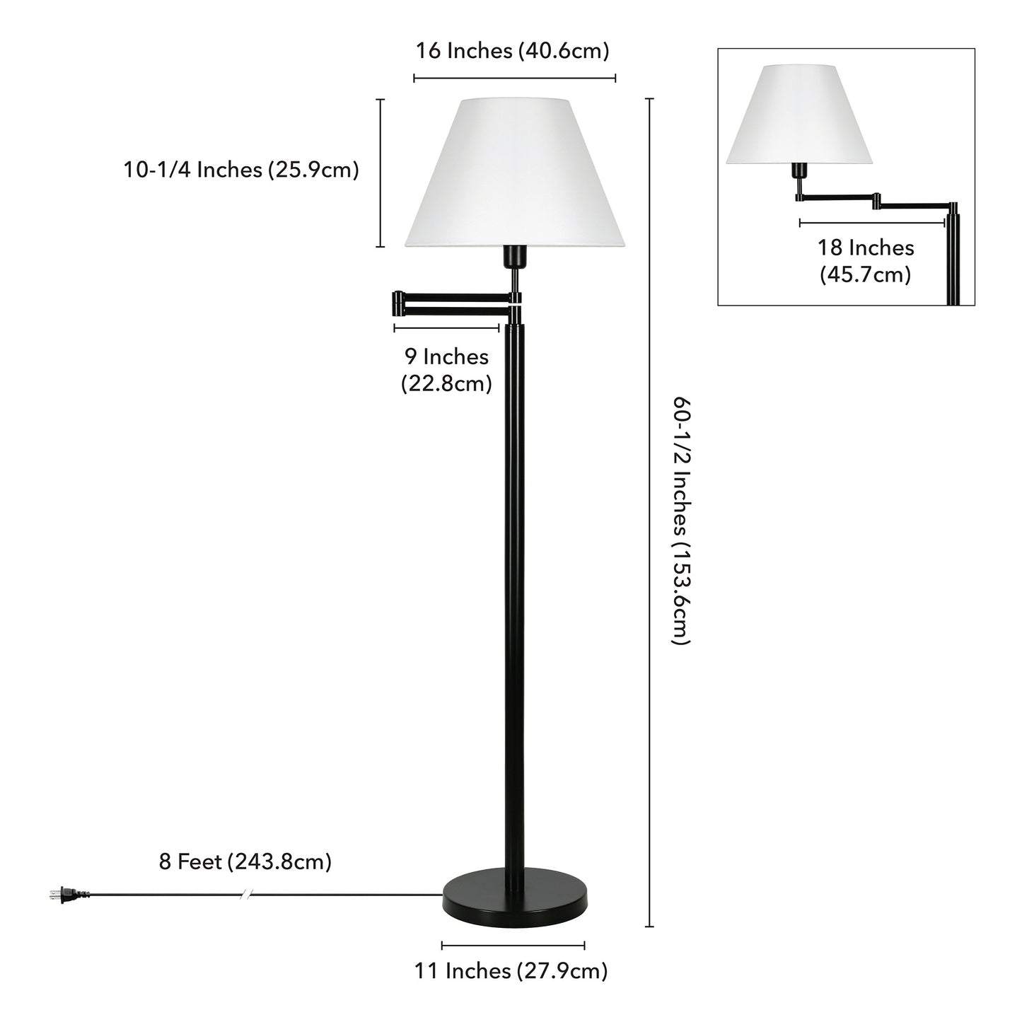 62" Black Swing Arm Floor Lamp With White Frosted Glass Empire Shade