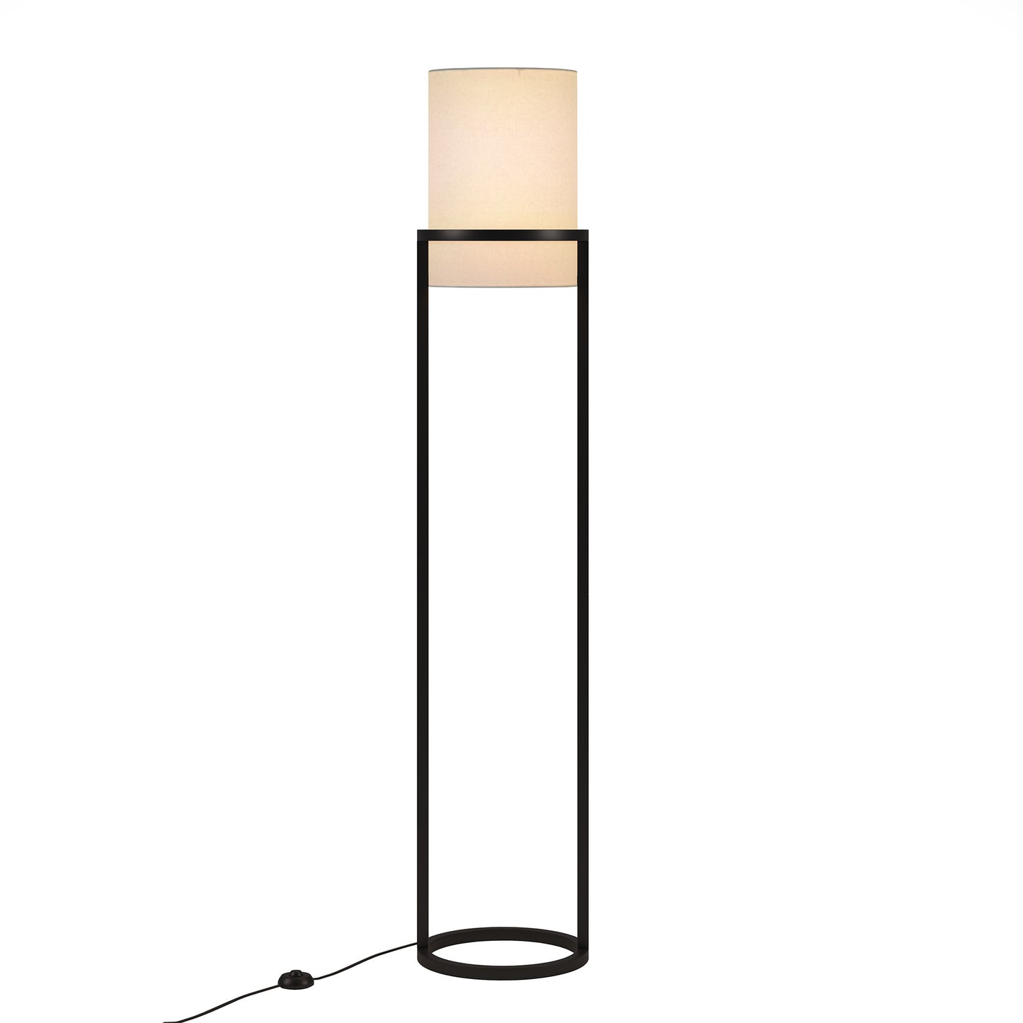 62" Black Column Floor Lamp With White Fabric Drum Shade