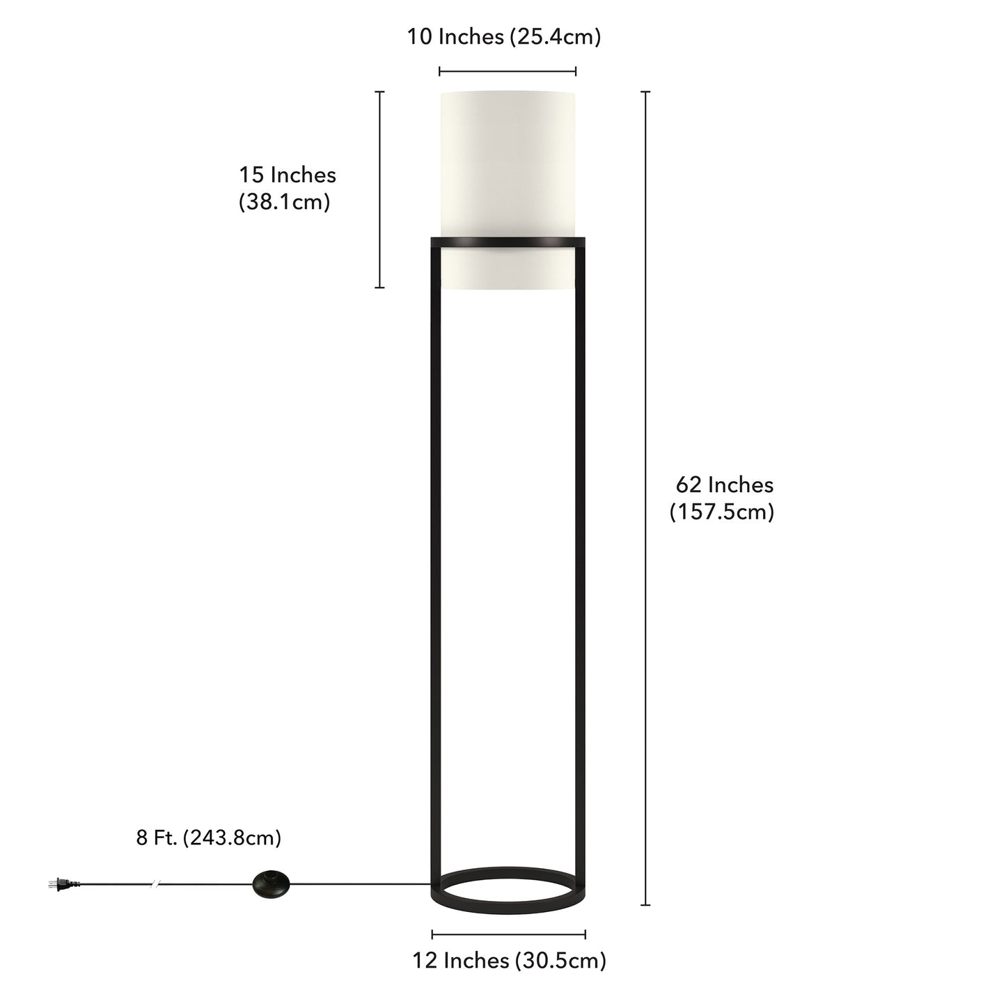 62" Black Column Floor Lamp With White Fabric Drum Shade