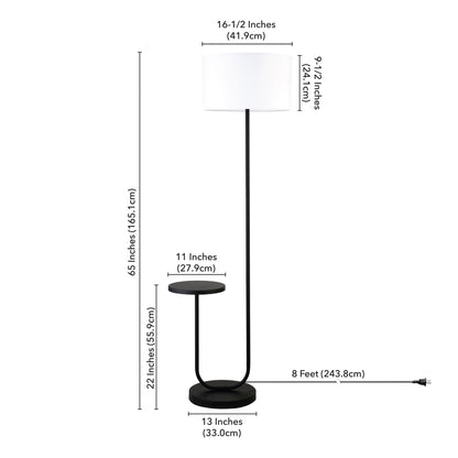 66" Black Tray Table Floor Lamp With White No Pattern Frosted Glass Drum Shade