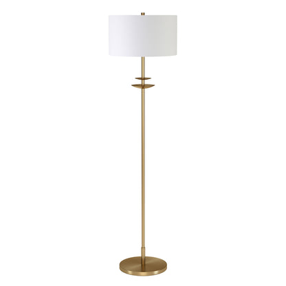 63" Brass Traditional Shaped Floor Lamp With White Frosted Glass Drum Shade