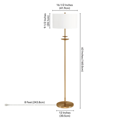 63" Brass Traditional Shaped Floor Lamp With White Frosted Glass Drum Shade