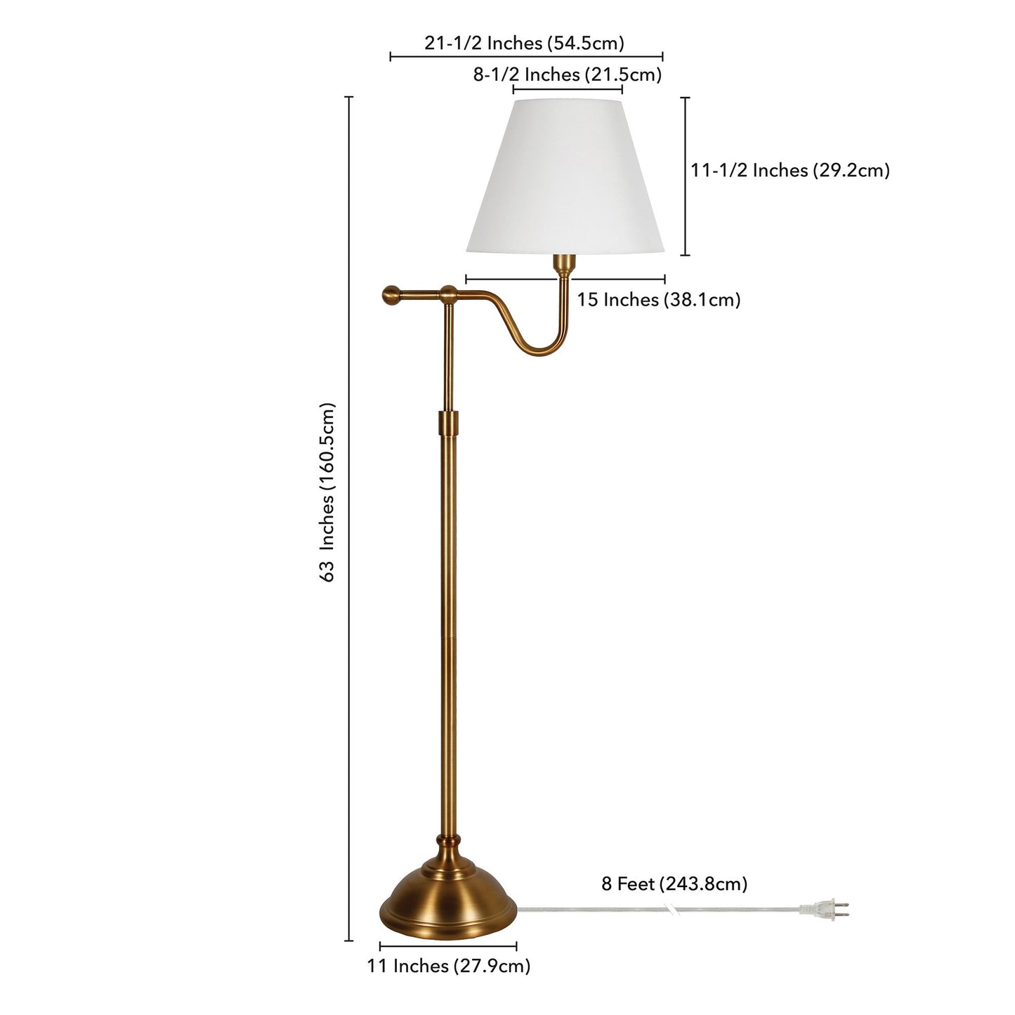 63" Brass Swing Arm Floor Lamp With White Frosted Glass Empire Shade