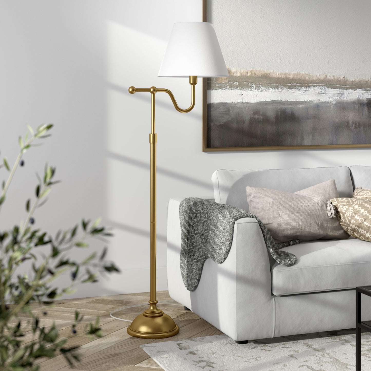 63" Brass Swing Arm Floor Lamp With White Frosted Glass Empire Shade