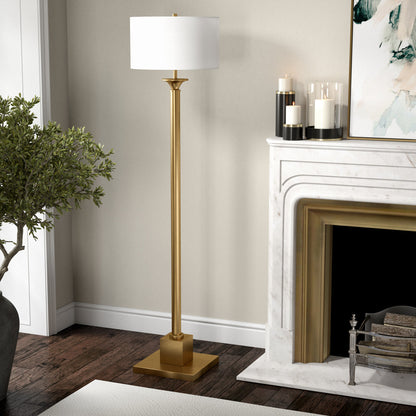 65" Brass Traditional Shaped Floor Lamp With White Frosted Glass Drum Shade