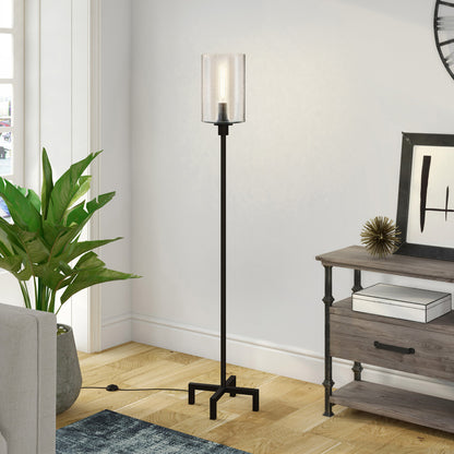 66" Black Torchiere Floor Lamp With Clear Seeded Glass Drum Shade