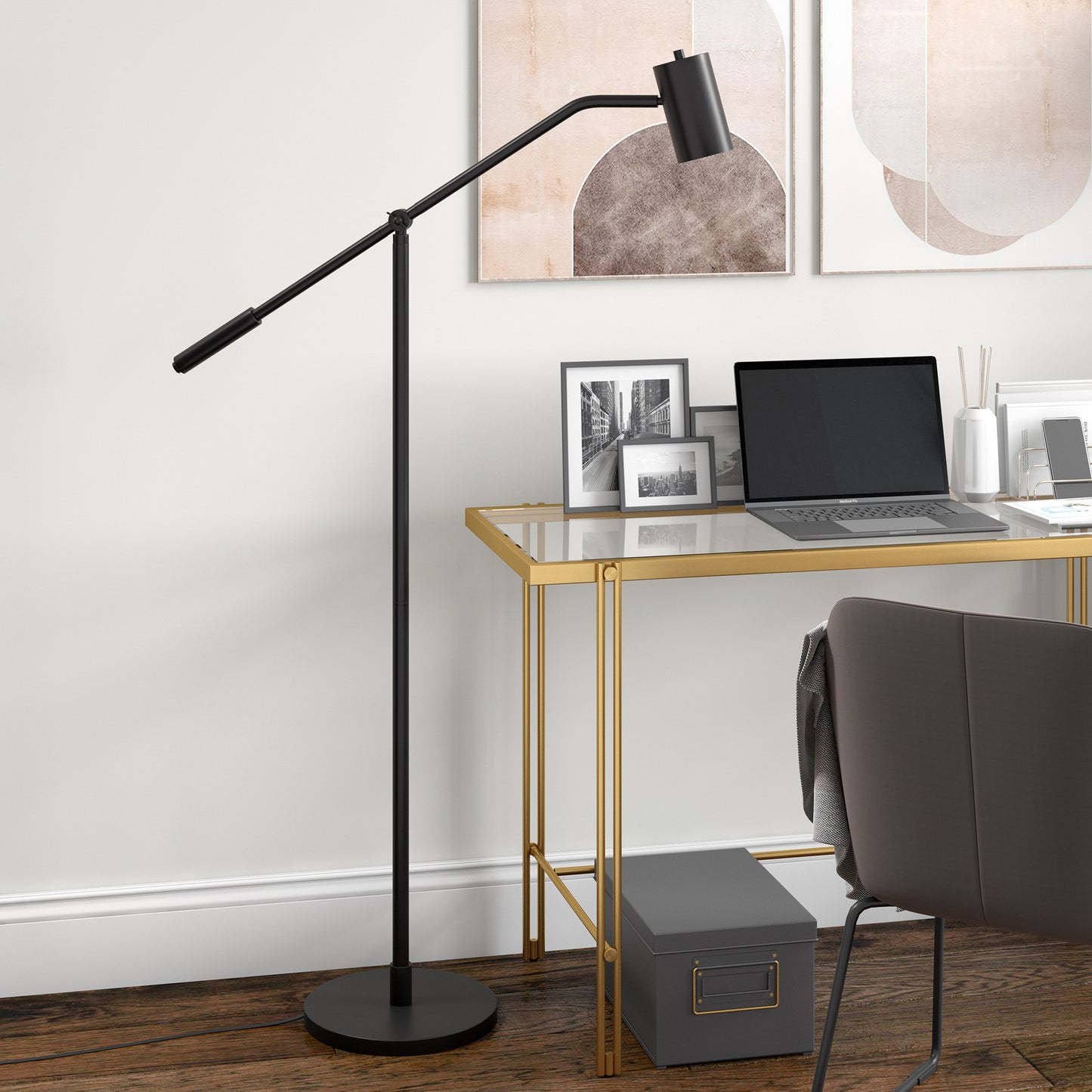 60" Black Swing Arm Floor Lamp With Black Drum Shade