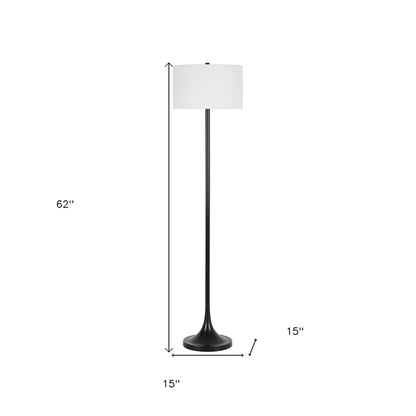 62" Black Floor Lamp With White Fabric Drum Shade