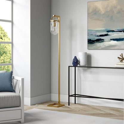 68" Brass Arched Floor Lamp With Clear Seeded Glass Dome Shade