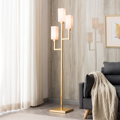 69" Brass Three Light Torchiere Floor Lamp With White Frosted Glass Rectangular Shade