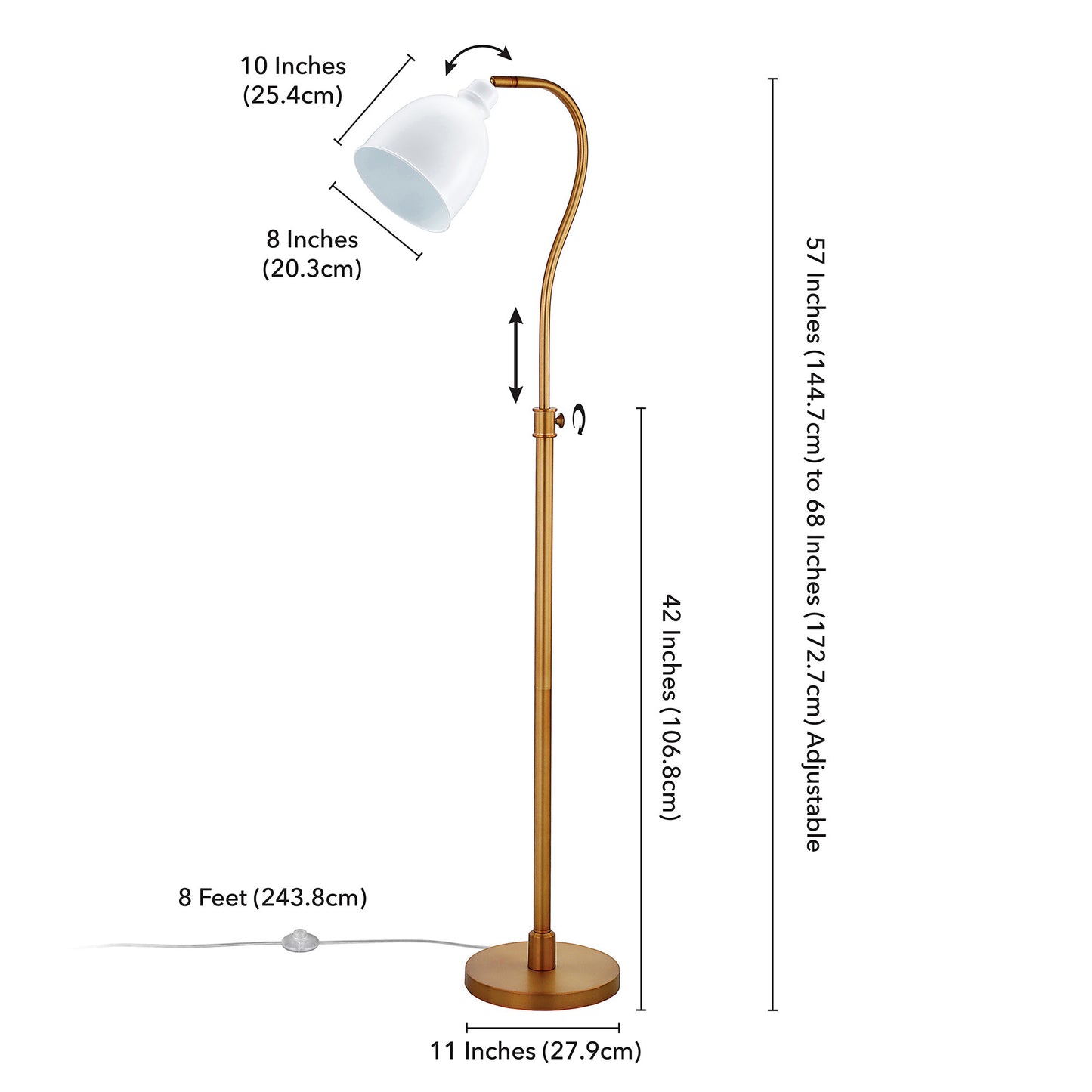 68" Brass Adjustable Reading Floor Lamp With White Frosted Glass Dome Shade