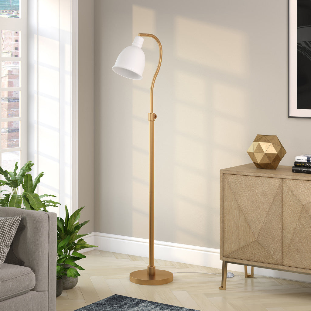 68" Brass Adjustable Reading Floor Lamp With White Frosted Glass Dome Shade