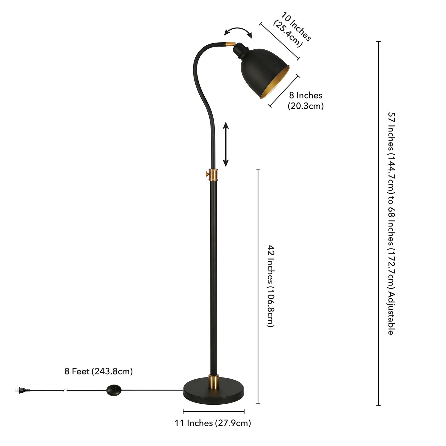 68" Black Adjustable Reading Floor Lamp With Black Dome Shade