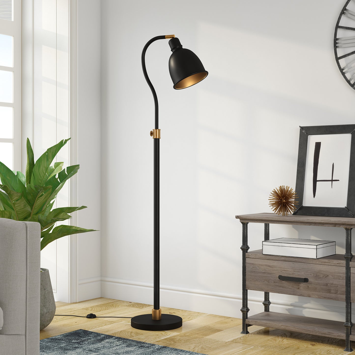 68" Black Adjustable Reading Floor Lamp With Black Dome Shade