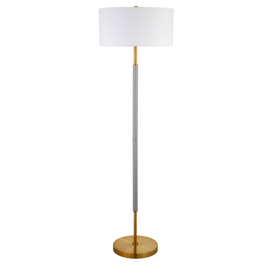 61" Brass Two Light Floor Lamp With White Frosted Glass Drum Shade