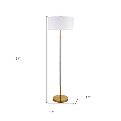 61" Brass Two Light Floor Lamp With White Frosted Glass Drum Shade