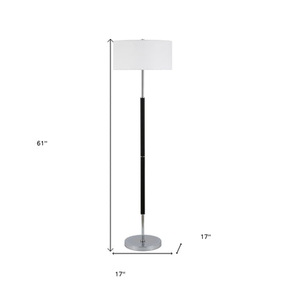 61" Black Two Light Floor Lamp With White Frosted Glass Drum Shade